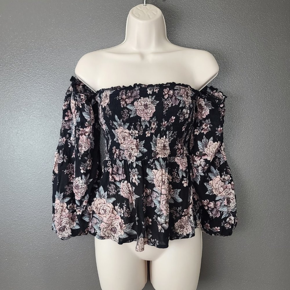 American Eagle Outfitters Black & Pink Floral Peasant Blouse - Picture 2 of 4